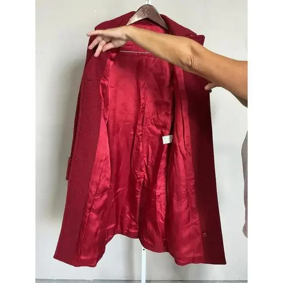 United Colors of Benetton Women's Red Wool Blnd Trench Coat / Belt Retro boho - Picture 8 of 9